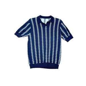 Vintage Navy and White Patterned Men's Knit Polo Size S/M